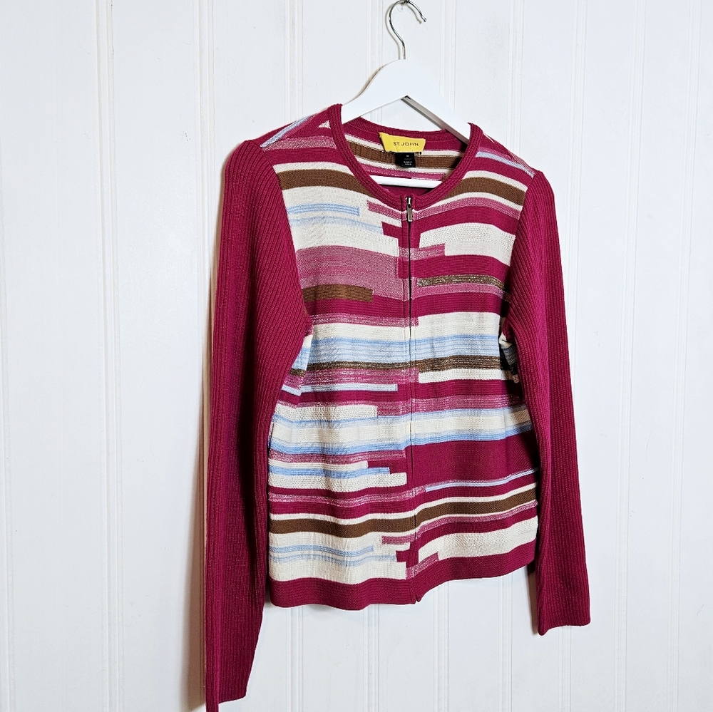 St. John Cardigan M Striped 95% Wool Zip Front Metallic Knit Fuchsia Pink Luxury